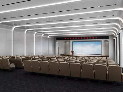 Modern Conference Room With Neatly Arranged Seats Podium Large Screen And Ceiling Light Strips 3d model