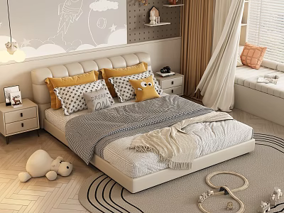 Kids Bed With Upholstered Headboard Pillows Cloud Rocket Wall Art And Toys 3d model