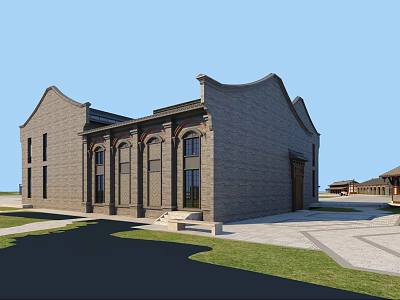 Ancient Architecture Featuring Brick Facade Traditional Roof Arched Windows And Grass Area 3d model