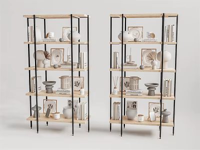 Decorative Ornament Set on Multi Tiered Shelves with Vases Photo Frames Sculptures and Books 3d model