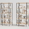 Decorative Ornament Set on Multi Tiered Shelves with Vases Photo Frames Sculptures and Books