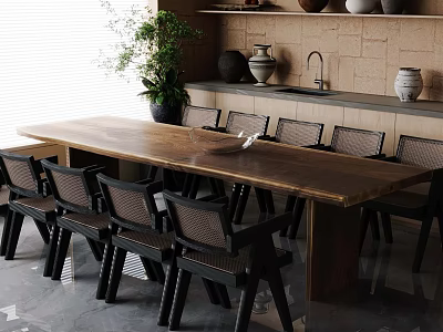 Rustic Dining Table Set With Long Wooden Table Multiple Chairs Ceramic Vases And Plant 3d model