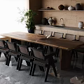 Rustic Dining Table Set With Long Wooden Table Multiple Chairs Ceramic Vases And Plant 3d model