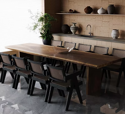 Rustic Dining Table Set With Long Wooden Table Multiple Chairs Ceramic Vases And Plant 3d model