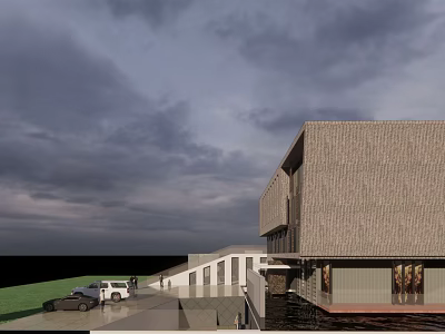 Modern Sales Office Building Featuring Textured Facade Steps And Parking Area 3d model