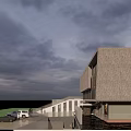 Modern Sales Office Building Featuring Textured Facade Steps And Parking Area