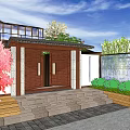 Modern Detached Villa Exterior With Stone Steps Large Windows Green Plants And Pink Flowering Tree