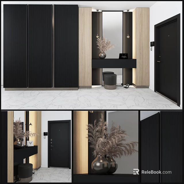 Modern Dressing Table With Wooden Frame Mirror And Decorative Vase In Elegant Bedroom Interior 3d model 