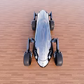 Futuristic Concept Car Top View With Streamlined Body And Large Wheels On Wooden Floor
