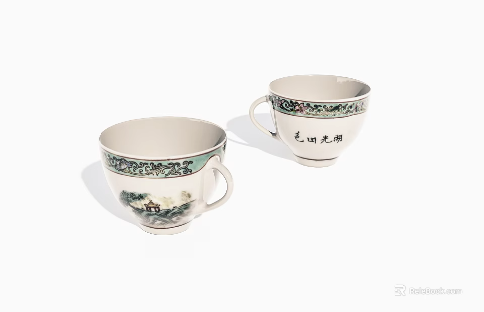 Traditional Porcelain Tea Cups Featuring Landscape Painting Green Border And Chinese Calligraphy 3d model 