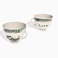 Traditional Porcelain Tea Cups Featuring Landscape Painting Green Border And Chinese Calligraphy