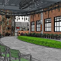 Industrial Style Event Space With Brick Walls Large Windows And Circular Green Area