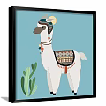 Decorative Framed Llama Artwork With Blue Background And Green Cactus Plant