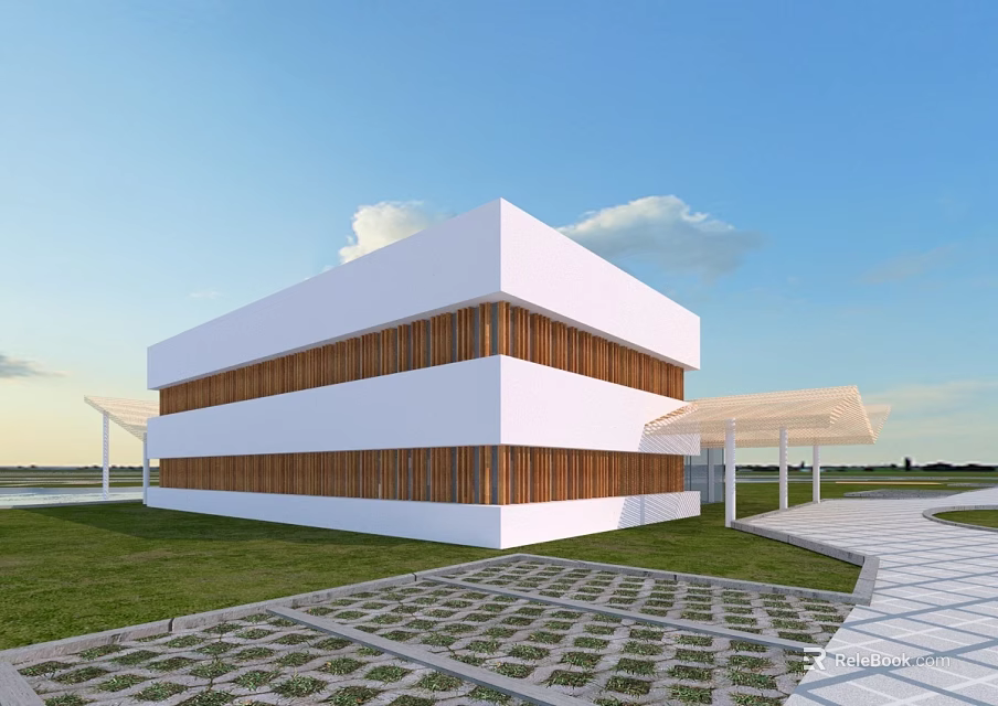 Modern White Two Story Residential Building With Wooden Stripes Green Lawn And Stone Pathway 3d model 