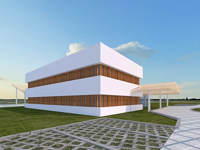 Modern White Two Story Residential Building With Wooden Stripes Green Lawn And Stone Pathway 3d model