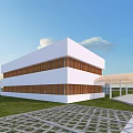 Modern White Two Story Residential Building With Wooden Stripes Green Lawn And Stone Pathway