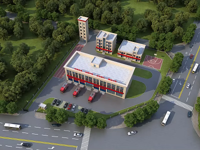 Aerial View Planning of Fire Station Complex with Red Vehicles Basketball Court and Greenery 3d model