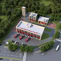 Aerial View Planning of Fire Station Complex with Red Vehicles Basketball Court and Greenery