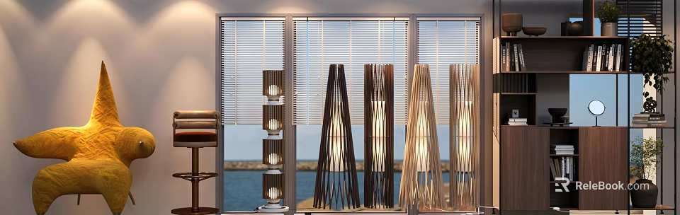 Various Design Floor Lamps With Wooden Stripes Near Window Blinds And Sea View 3d model 