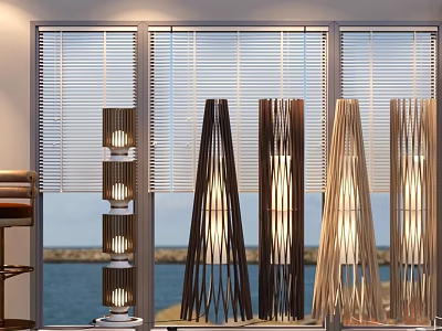 Various Design Floor Lamps With Wooden Stripes Near Window Blinds And Sea View 3d model