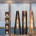 Various Design Floor Lamps With Wooden Stripes Near Window Blinds And Sea View