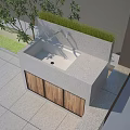 Outdoor washbasin with stone countertop faucet and wooden cabinet near green plants on tiled floor