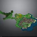 Pixel Art Island Landscape Featuring Green Land Blue Water And Buildings