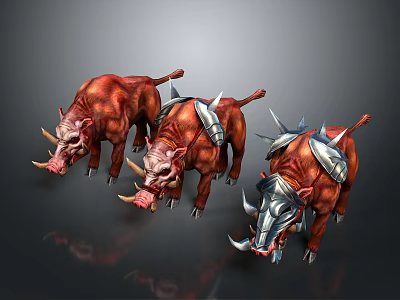 Three Red Boars With Metal Armor Standing On Dark Reflective Surface 3d model