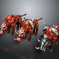 Three Red Boars With Metal Armor Standing On Dark Reflective Surface 3d model