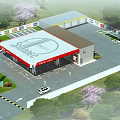 Gas Station With Red Canopy Fuel Pumps And Pedestrians Nearby Vehicles