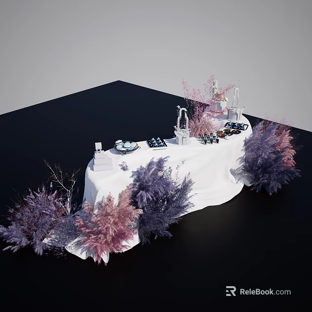 Elegant Floral Display Setup With White Tablecloth And Purple Pink Plants 3d model 