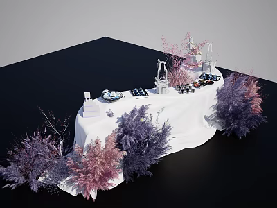 Elegant Floral Display Setup With White Tablecloth And Purple Pink Plants 3d model
