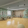 Kindergarten Interior with Green Walls Wooden Floors Curved Desk Tables Chairs and Decorative Paintings