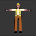 3D Construction Worker Figure With Yellow Hard Hat Safety Vest And Brown Pants