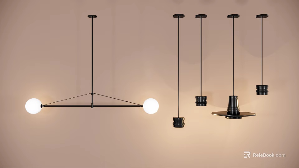 Modern Minimalist Pendant Lights With Black Frames And Round Light Shades 3d model