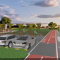 Scenic Park Landscape With Blue Sky White Clouds Red Bicycle Lane White Cars And Greenery