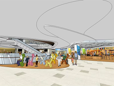 Shopping Mall Lobby Interior With Curved Ceiling Design And Colorful Seating Areas 3d model