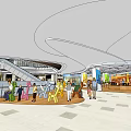 Shopping Mall Lobby Interior With Curved Ceiling Design And Colorful Seating Areas