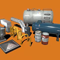 Industrial Metal Equipment Collection With Storage Tanks Pipes Drums And Frames