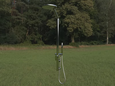 Silver Shower Head Standing On Green Grass With Wooded Background In Outdoor Scene 3d model