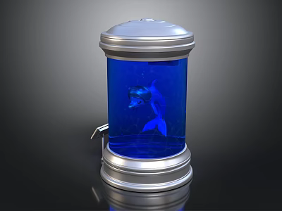Blue Fish Swimming in Blue Liquid Inside Silver Cylindrical Container 3d model