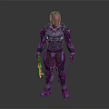 Futuristic Armored Character With Metallic Helmet And Weapon Standing In Dark Background