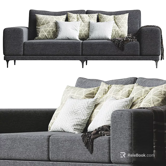 Gray Two Seater Sofa With Geometric Pattern Pillows And Throw Blanket 3d model