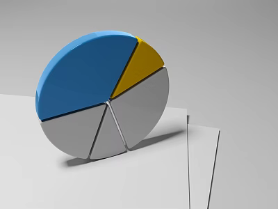 3D Pie Chart With Blue Yellow And Gray Sections On White Background 3d model