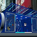 Blue Exhibition Booth Interior With Illuminated Lighting LOGO Display And Decorative Elements 3d model