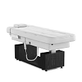 Electric Adjustable Medical Examination Table With White Padded Surface Black Wooden Base And Ergonomic Design