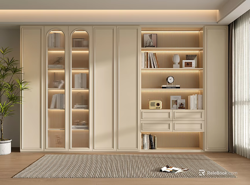 Elegant Modern Bookcase With Glass Doors Open Shelves and LED Lighting 3d model 
