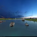Night River Scenery With Several Boats On Calm Water And City Lights Illuminating Skyscrapers
