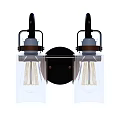 Modern Double Light Wall Sconce With Clear Glass Shades And Black Metal Base