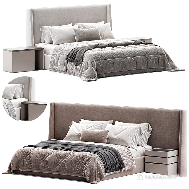 Modern Double Bed With Upholstered Headboard Pillows Plush Bedspread And Nightstand 3d model